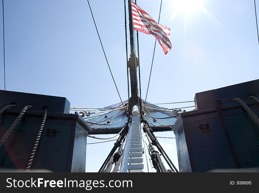 Perspective view of masts,rigging, flag  of the Old Ironsides, historic war ship, Boston, Massachussets. Perspective view of masts,rigging, flag  of the Old Ironsides, historic war ship, Boston, Massachussets
