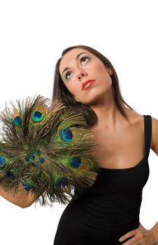 Pretty Brunette With Peacock Hand Stock Image Pretty Brunette With Peacock Hand Stock Image