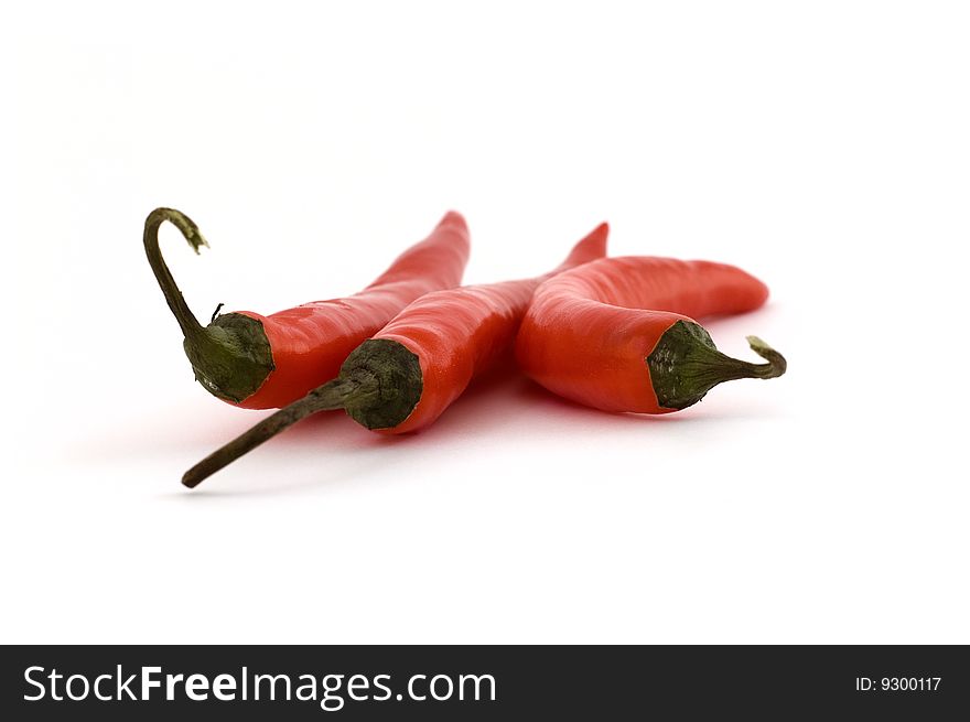 Three chili peppers in close up at isolated white background