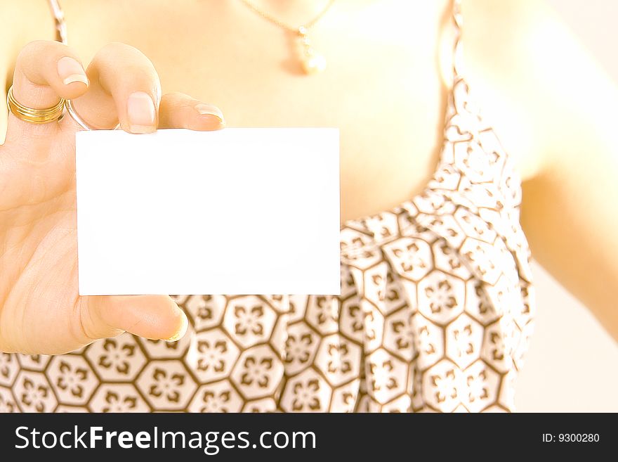 Woman with card on white. Woman with card on white