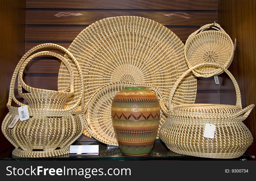 Collection of decorative straw baskets