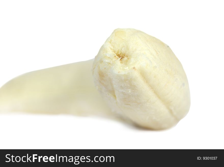 Peeled banana on white background