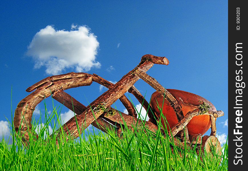 Wood bike on grass,sky background