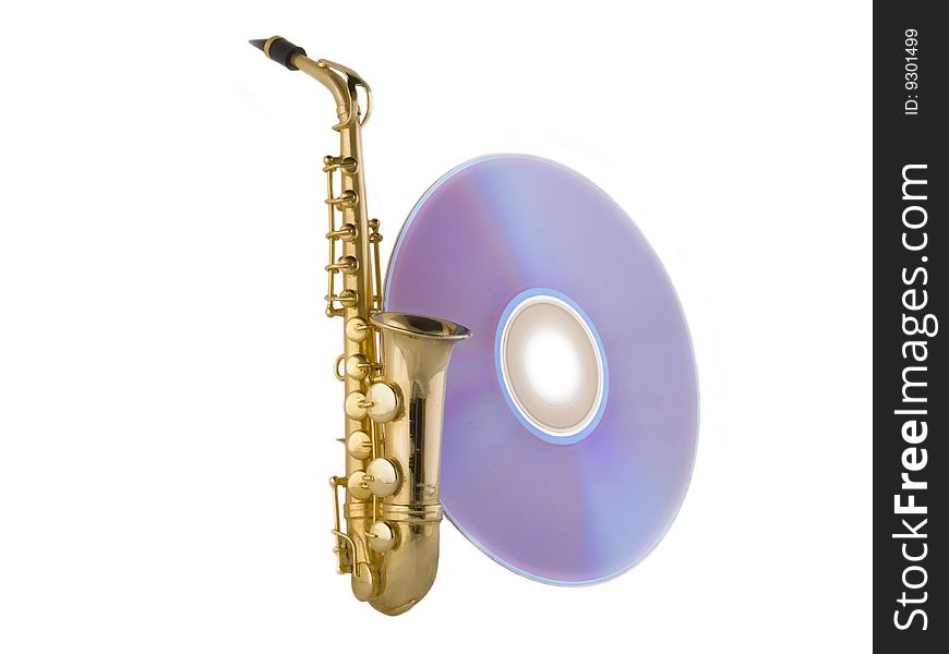 A saxophone and a cd on a white background. A saxophone and a cd on a white background