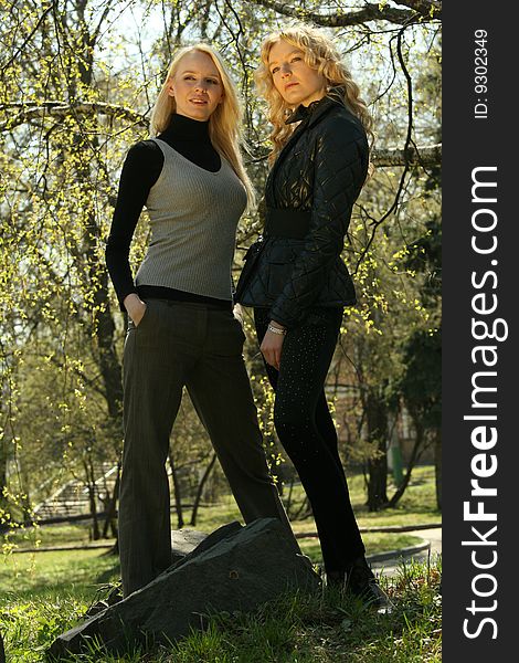 Two fashion women posing in the park