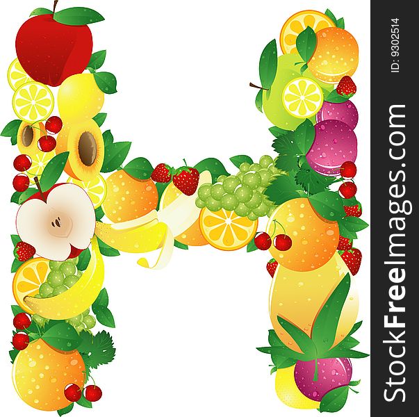 Group of fruits making the shape of an alphabetical character letter. Group of fruits making the shape of an alphabetical character letter