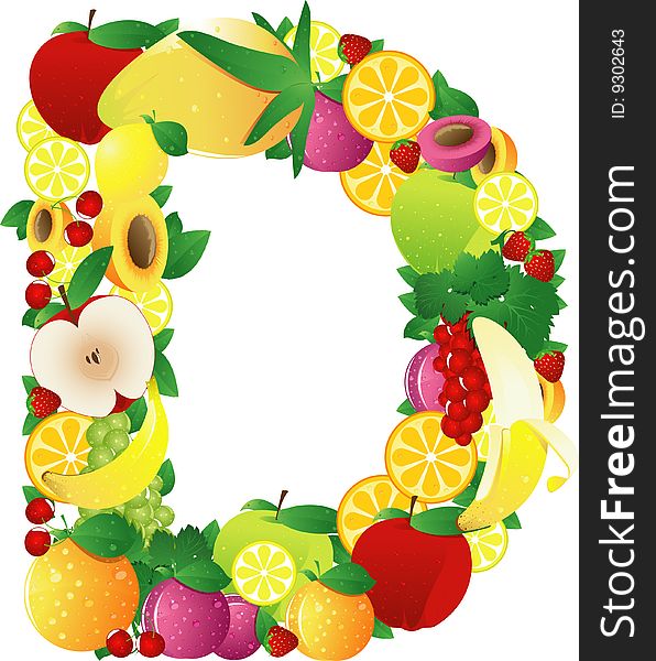 Group of fruits making the shape of an alphabetical character letter. Group of fruits making the shape of an alphabetical character letter