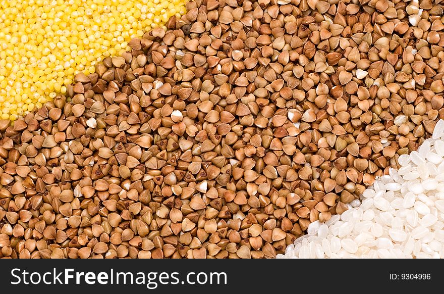 Millet, buckwheat, rice background - close-up, cooking ingredients