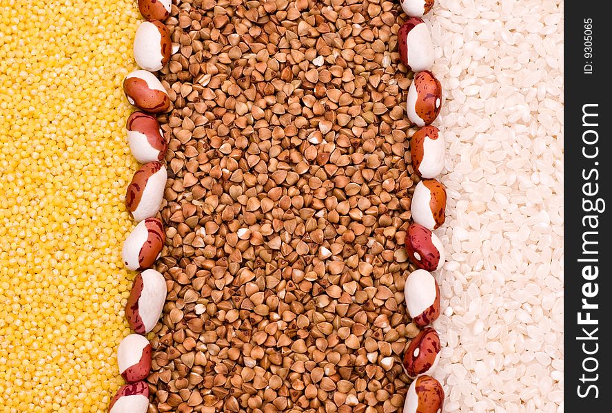 Millet, buckwheat, rice background - close-up, cooking ingredients