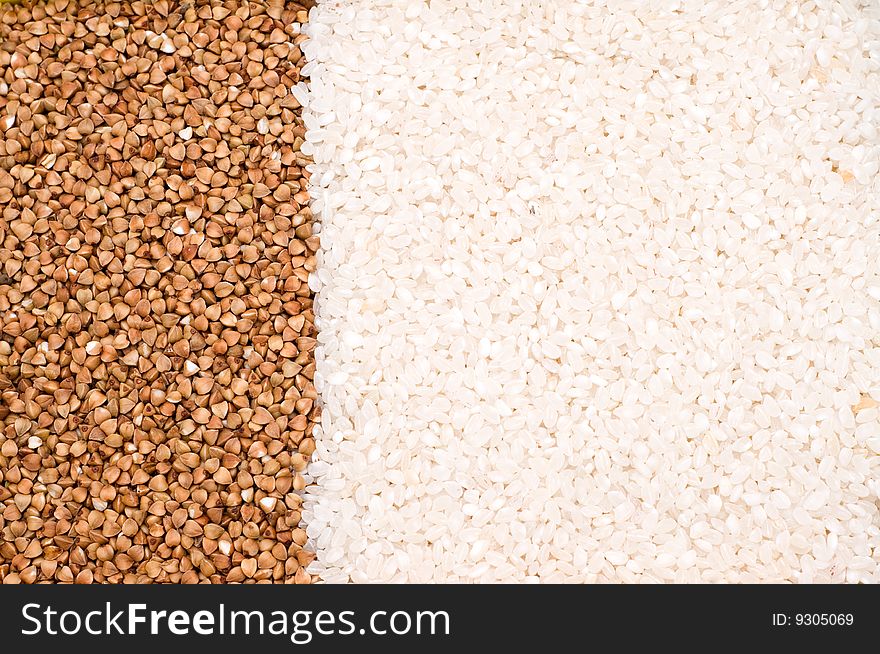 Buckwheat and millet background - close-up, cooking ingredients. Buckwheat and millet background - close-up, cooking ingredients