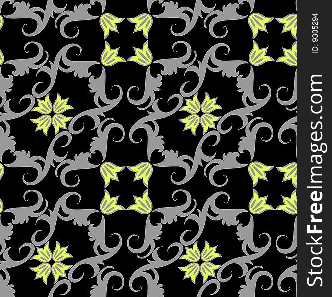 Seamless black ornament pattern with yellow flowers. Seamless black ornament pattern with yellow flowers
