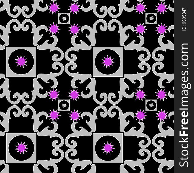 Seamless black ornament pattern with violet stars. Seamless black ornament pattern with violet stars