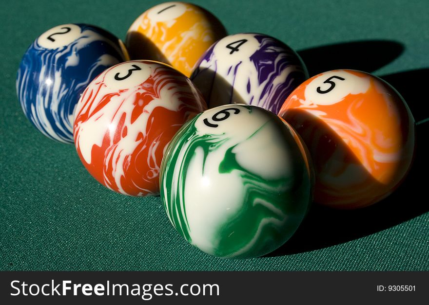 Close-up of billiard spheres and table