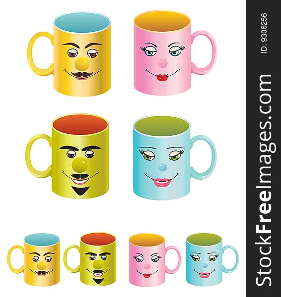 Illustration with original cups with woman's and man's faces. Illustration with original cups with woman's and man's faces