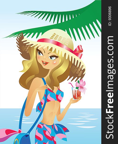 This is the girl in a straw hat with a cocktail in her hand on a tropical beach