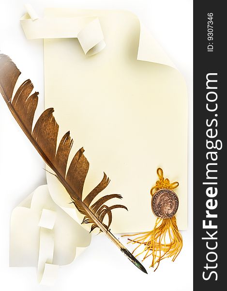 Background with decorative paper
and brown feather. Background with decorative paper
and brown feather