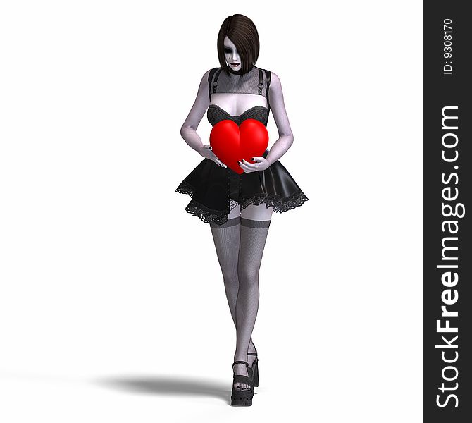 Gothic lady with red heart and Clipping Path over white. Gothic lady with red heart and Clipping Path over white