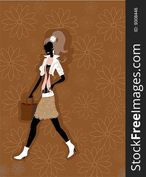 Vector illustration of walking young woman silhouette on the funky floral background.