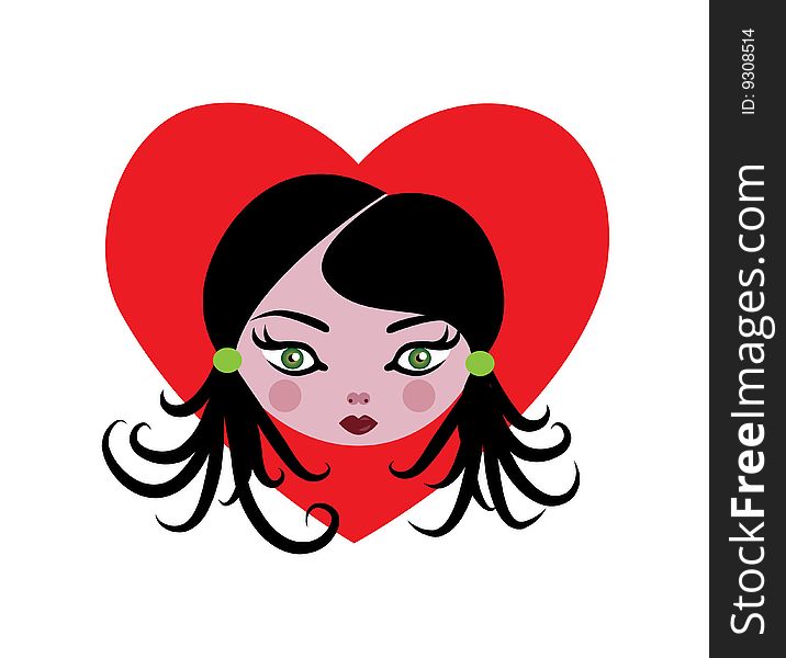 Vector illustration of cartoon cute little girl on the red heart background.