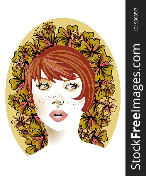 Vector illustration of funky, redhead, cool, young woman on the flower background.