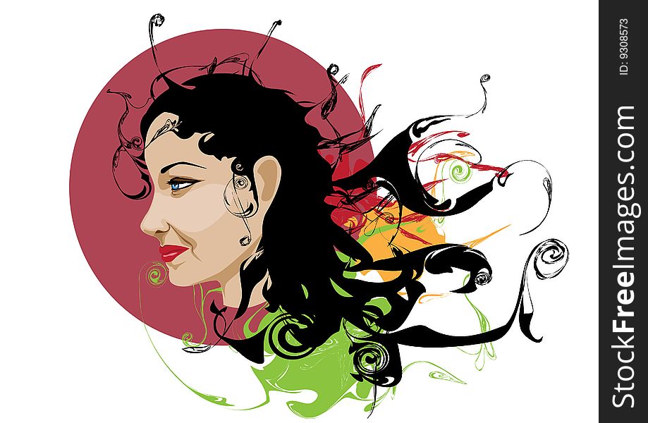 Vector illustration of woman portrait with stylized scrolls and others grunge swirl elements. Vector illustration of woman portrait with stylized scrolls and others grunge swirl elements