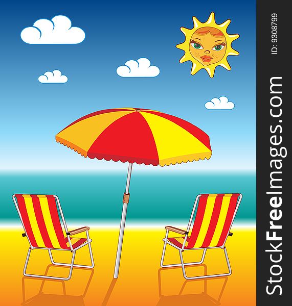 Summer beach with beach stove benches and an umbrella.