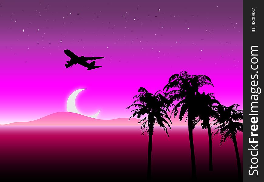 A Passenger Jet silhouette with palm trees set against a starry night with setting moon. A Passenger Jet silhouette with palm trees set against a starry night with setting moon.