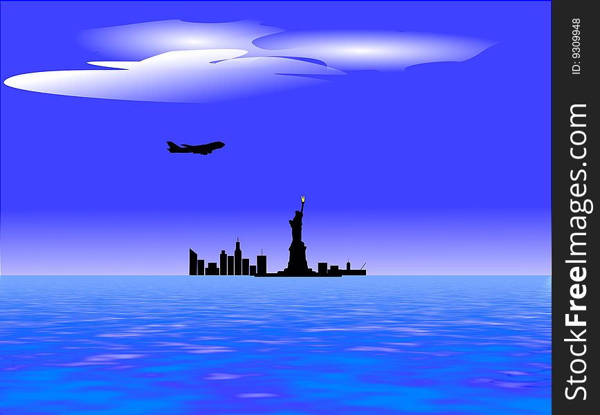 Silhouette of air force one over new york city. Silhouette of air force one over new york city
