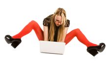 Pretty Woman Working With Laptop On The Floor Stock Images
