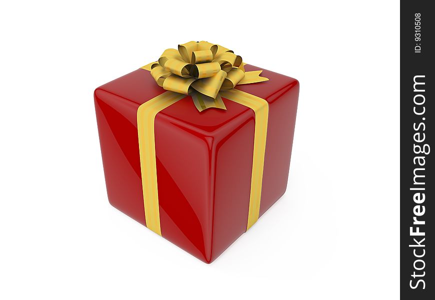 Red present box with gold ribbon and bow