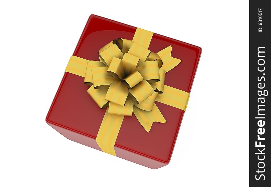 Red present box with gold ribbon and bow