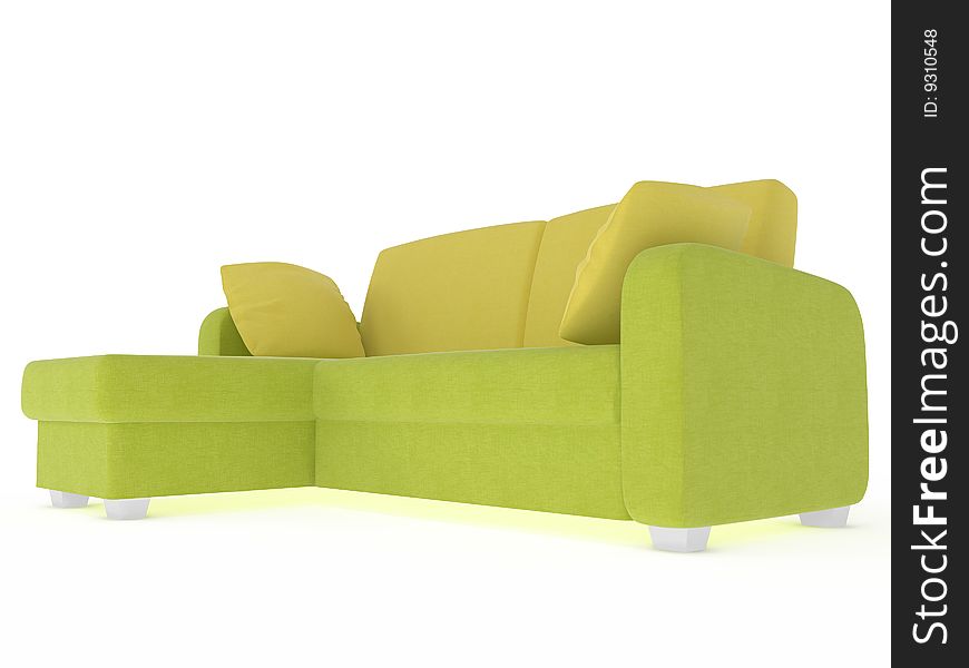Isolated olive color sofa with pillows on white background