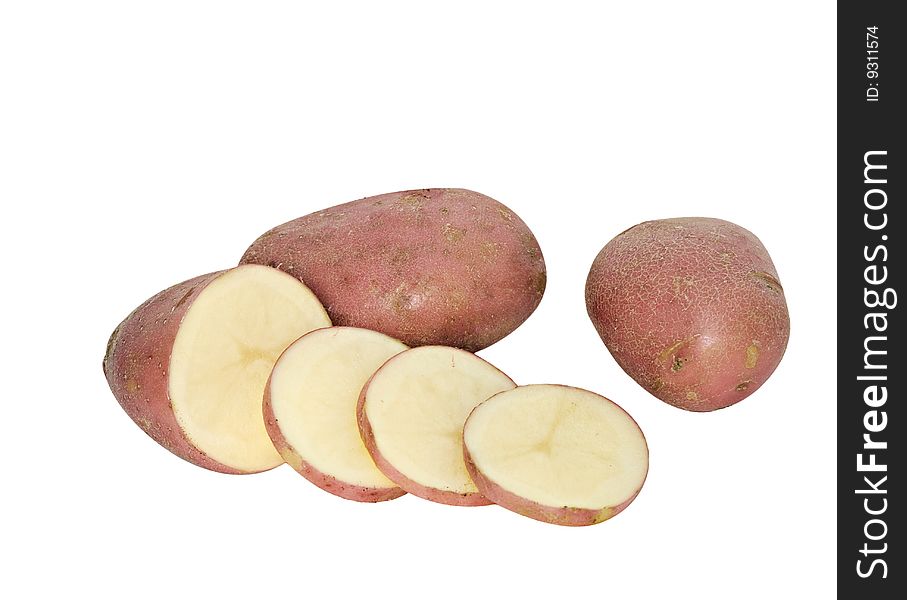 Potatoes and potato slices isolated on white background