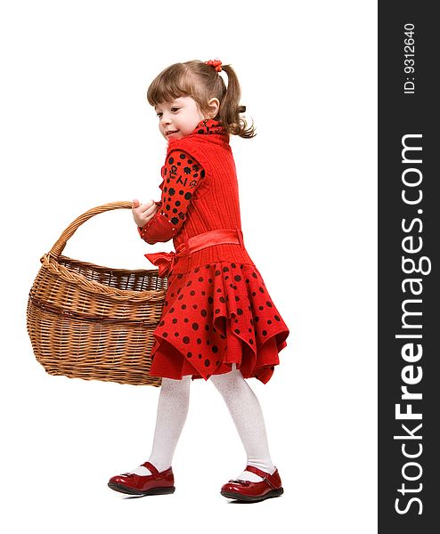 Beautiful little girl in red dress holding basket, isolated on white