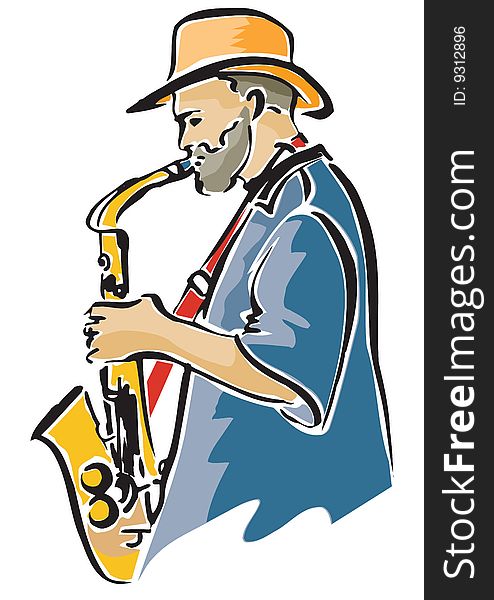 A man, who is playing a saxophone. He is wearing a hat and a beard.