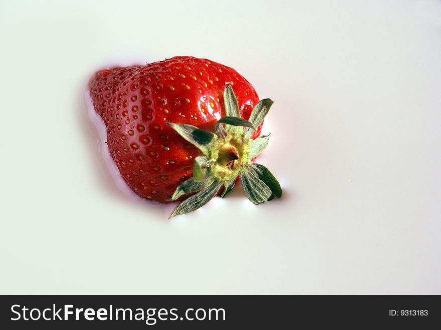 Image of a strawberry rolling in milk. Image of a strawberry rolling in milk