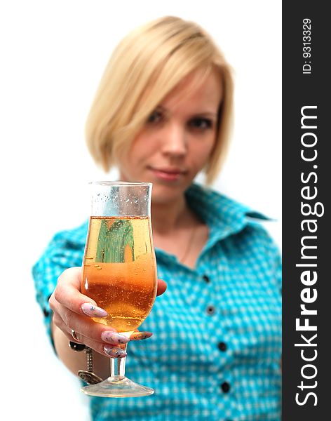 Woman holding a glass of champagne on a white background