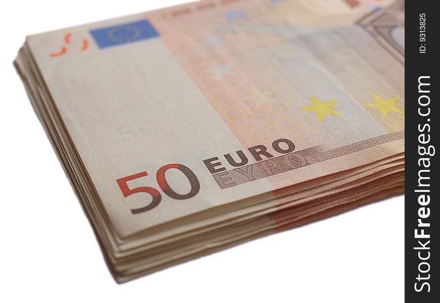 Stack of fifty euro bills isolated over white. Stack of fifty euro bills isolated over white