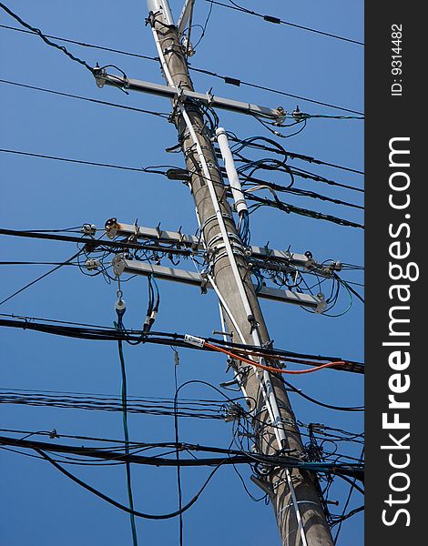 Wires supported by a telegraph pole in Japan. Wires supported by a telegraph pole in Japan