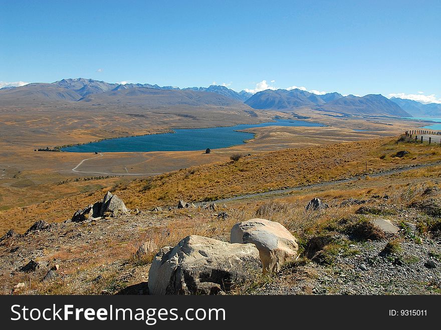 Lake Alexandrina and Southern alps, New Zealand