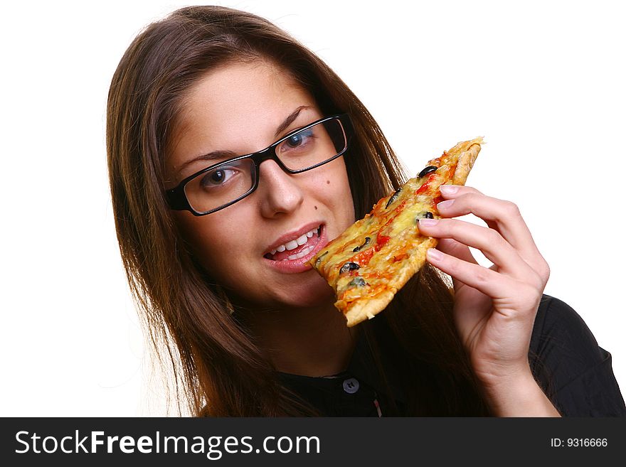 Beautiful young woman eating pizza s