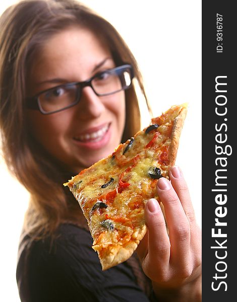 Beautiful young woman eating pizza s