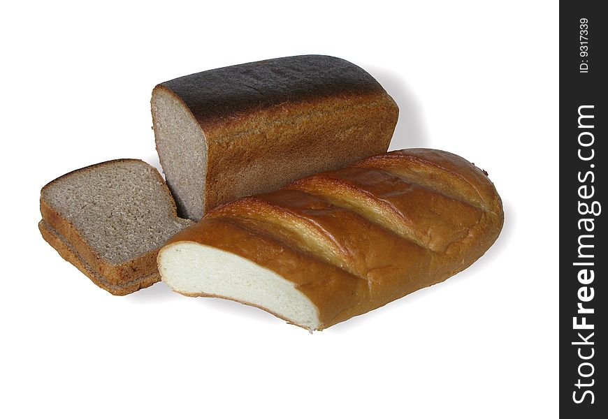 Bread in assortment is isolated on a white background. Bread in assortment is isolated on a white background
