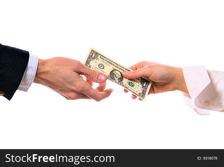 Hands and money banknote on white with clipping path. Hands and money banknote on white with clipping path