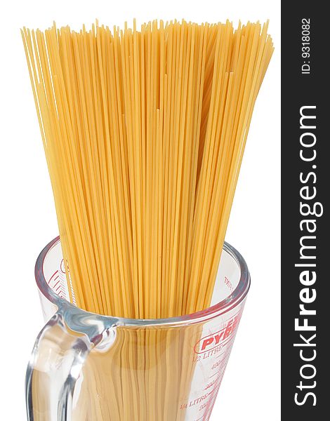 Spaghetti in a glass jar on a white background