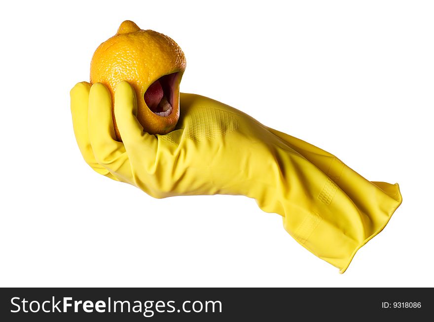 Yellow rubber glove and lemon with mouth with clipping path