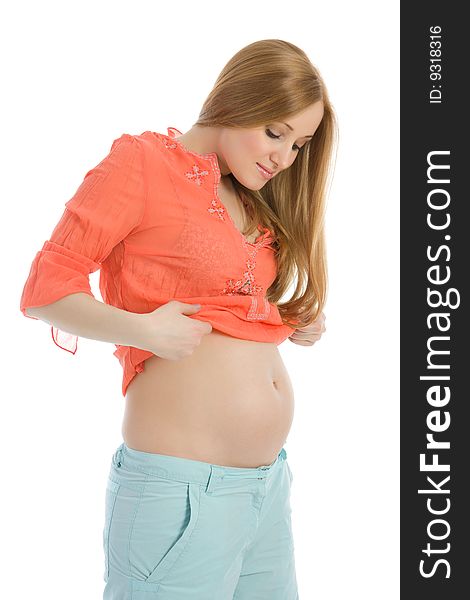 Attractive caucasian pregnant woman isolated on white