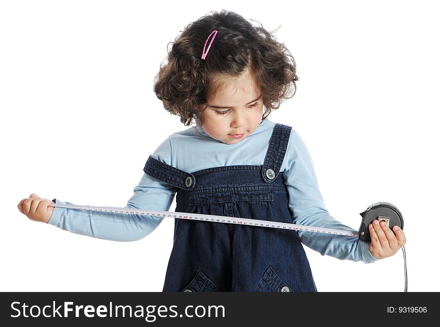 Image of a little girl holding tools isolated on white background