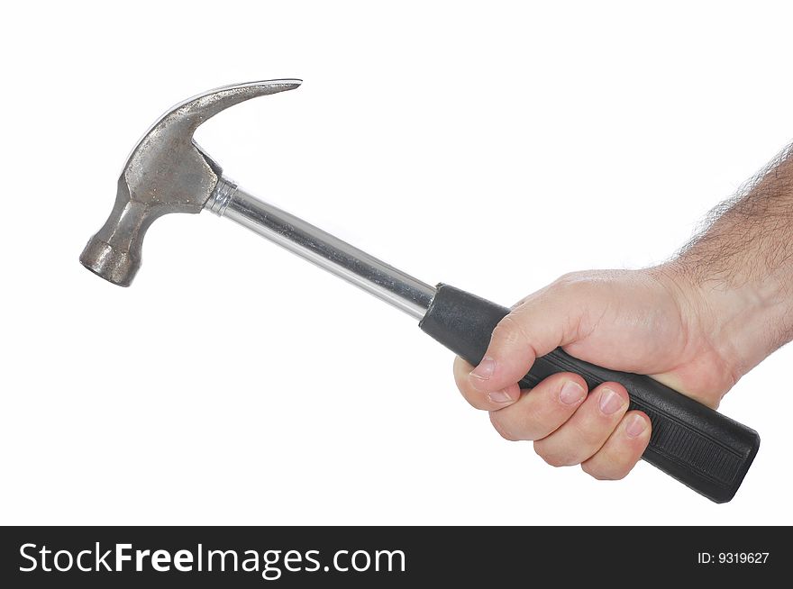 Image of a hand holding a hammer isolated on white background