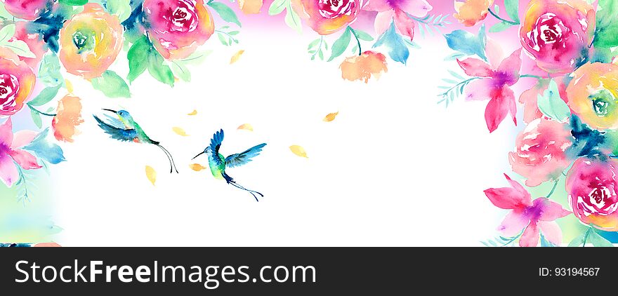Watercolor sunflower hummingbird background